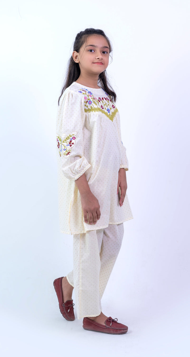 Elegant Lime Girls' Floral Embroidered 2-Piece Kurta Set
