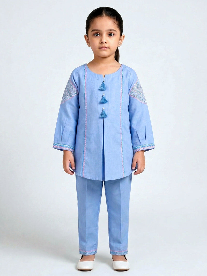 Elegant Girls' Sky Blue Embroidered 2-Piece Kurta & Trouser Set