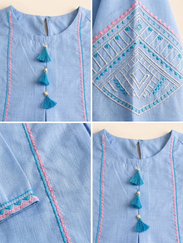 Elegant Girls' Sky Blue Embroidered 2-Piece Kurta & Trouser Set