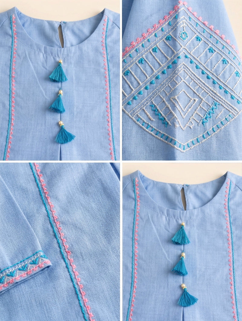 Elegant Girls' Sky Blue Embroidered 2-Piece Kurta & Trouser Set