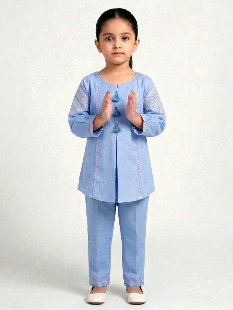 Elegant Girls' Sky Blue Embroidered 2-Piece Kurta & Trouser Set Vesto.Pk