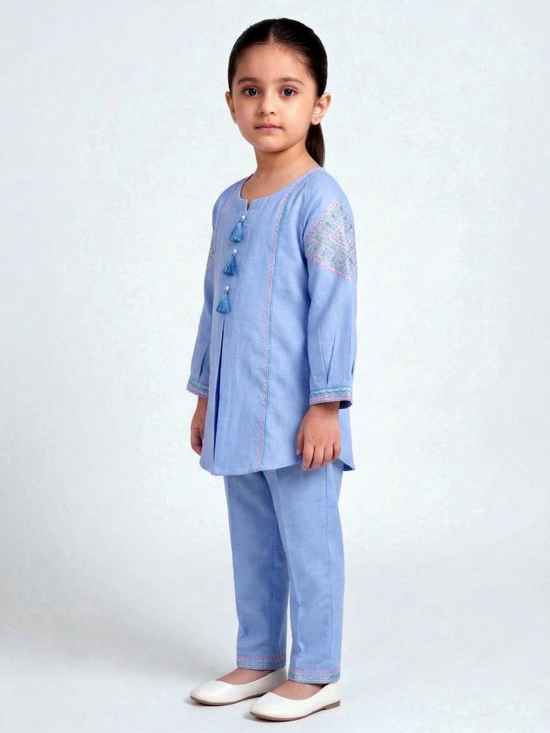 Elegant Girls' Sky Blue Embroidered 2-Piece Kurta & Trouser Set Vesto.Pk