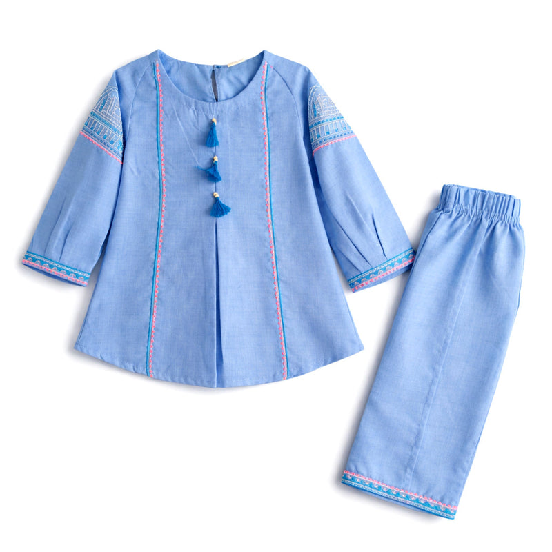 Elegant Girls' Sky Blue Embroidered 2-Piece Kurta & Trouser Set Vesto.Pk