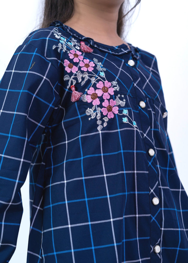 Elegant Navy Blue Checkered 2-Piece Fusion Set for Girls
