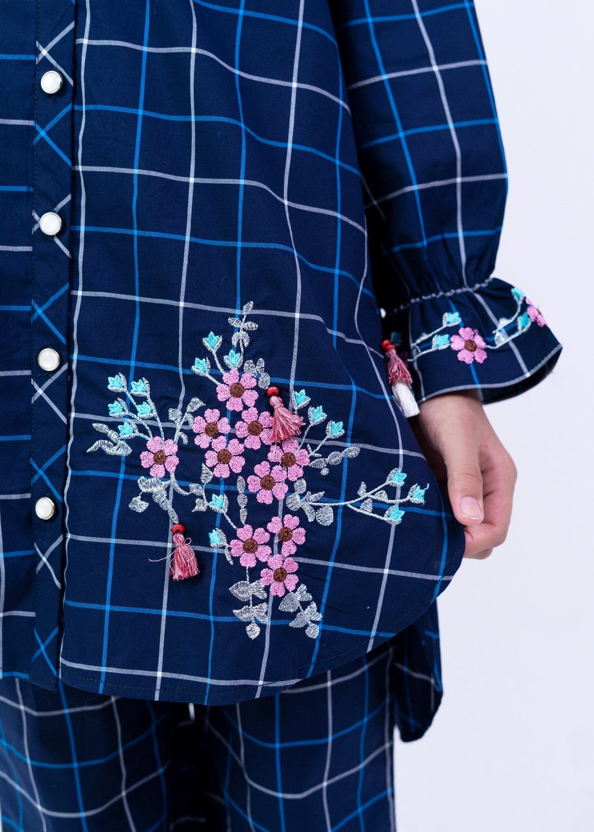 Elegant Navy Blue Checkered 2-Piece Fusion Set for Girls Vesto.Pk