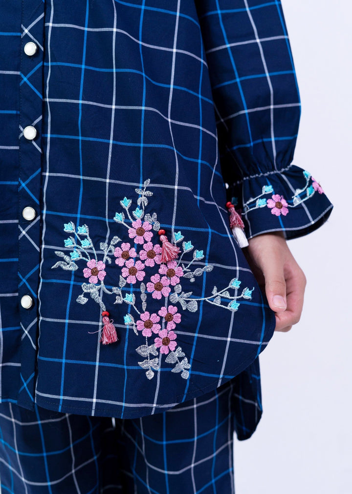 Elegant Navy Blue Checkered 2-Piece Fusion Set for Girls