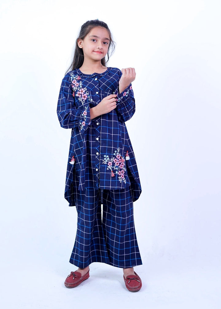 Elegant Navy Blue Checkered 2-Piece Fusion Set for Girls