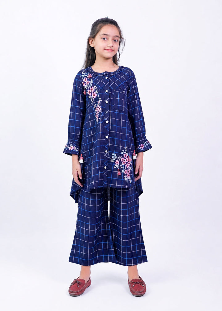 Elegant Navy Blue Checkered 2-Piece Fusion Set for Girls