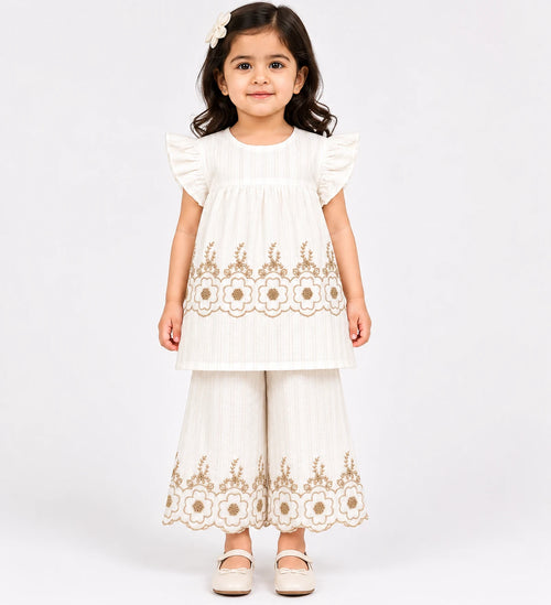 Elegant White Cotton 2-Piece Suit with Floral Embroidery for Girls