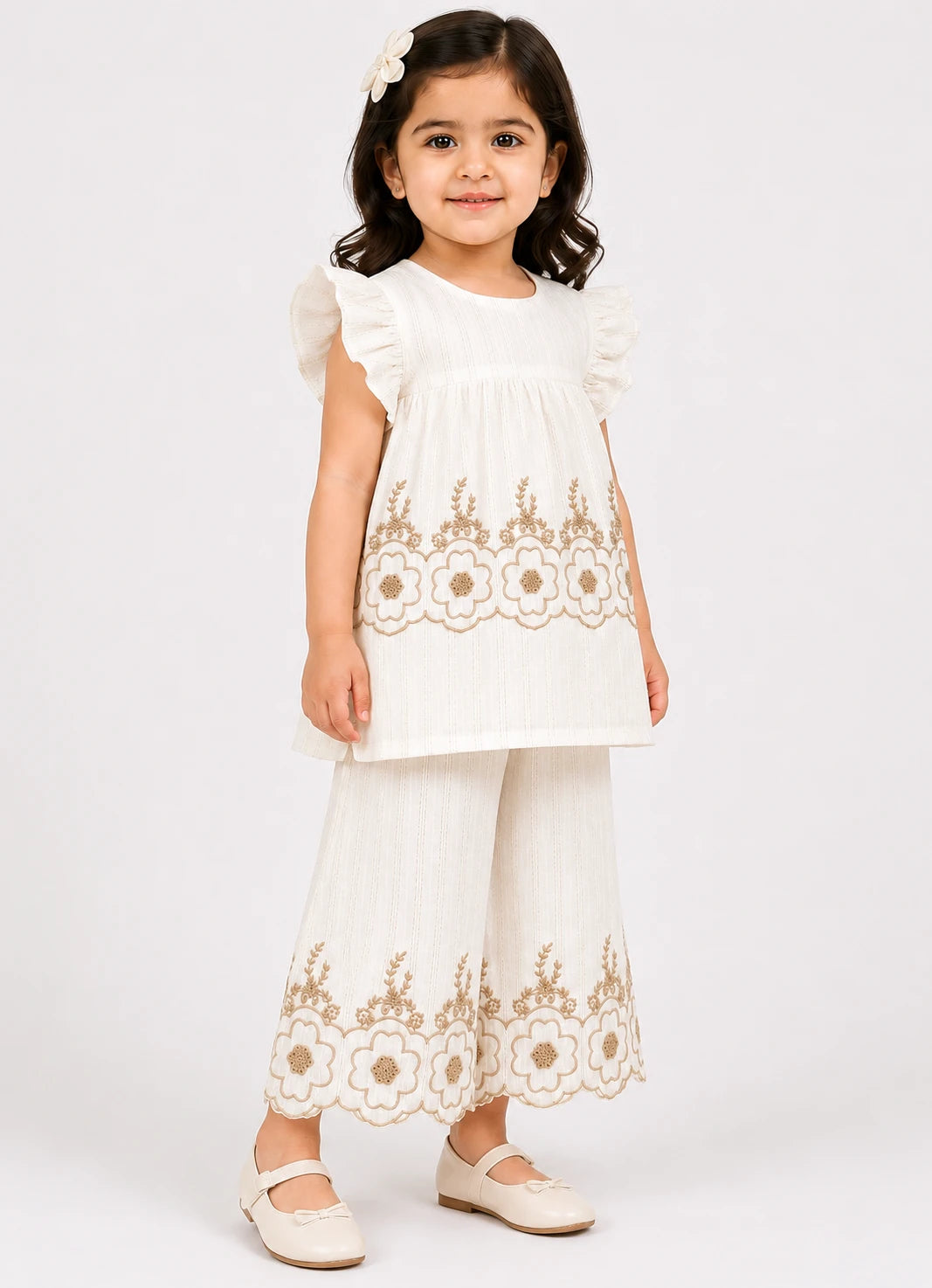 Elegant White Cotton 2-Piece Suit with Floral Embroidery for Girls