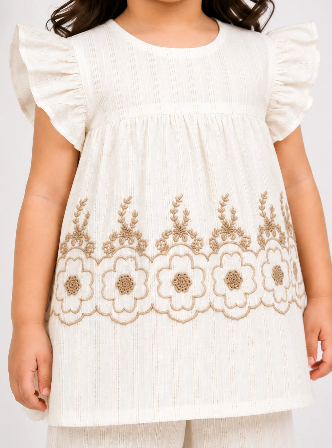 Elegant White Cotton 2-Piece Suit with Floral Embroidery for Girls