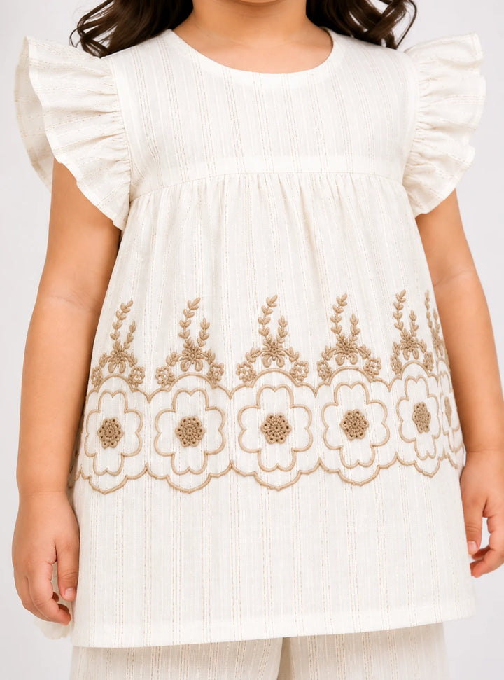 Elegant White Cotton 2-Piece Suit with Floral Embroidery for Girls