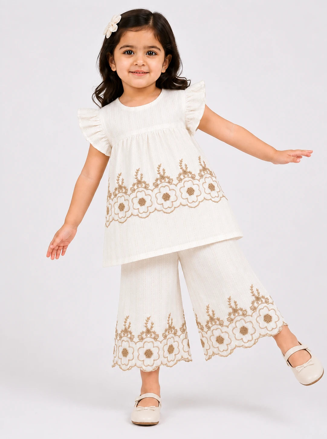 Elegant White Cotton 2-Piece Suit with Floral Embroidery for Girls