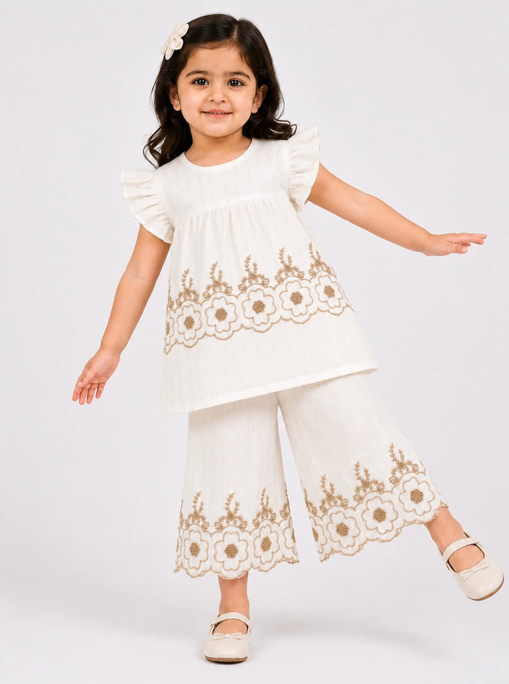 Elegant White Cotton 2-Piece Suit with Floral Embroidery for Girls