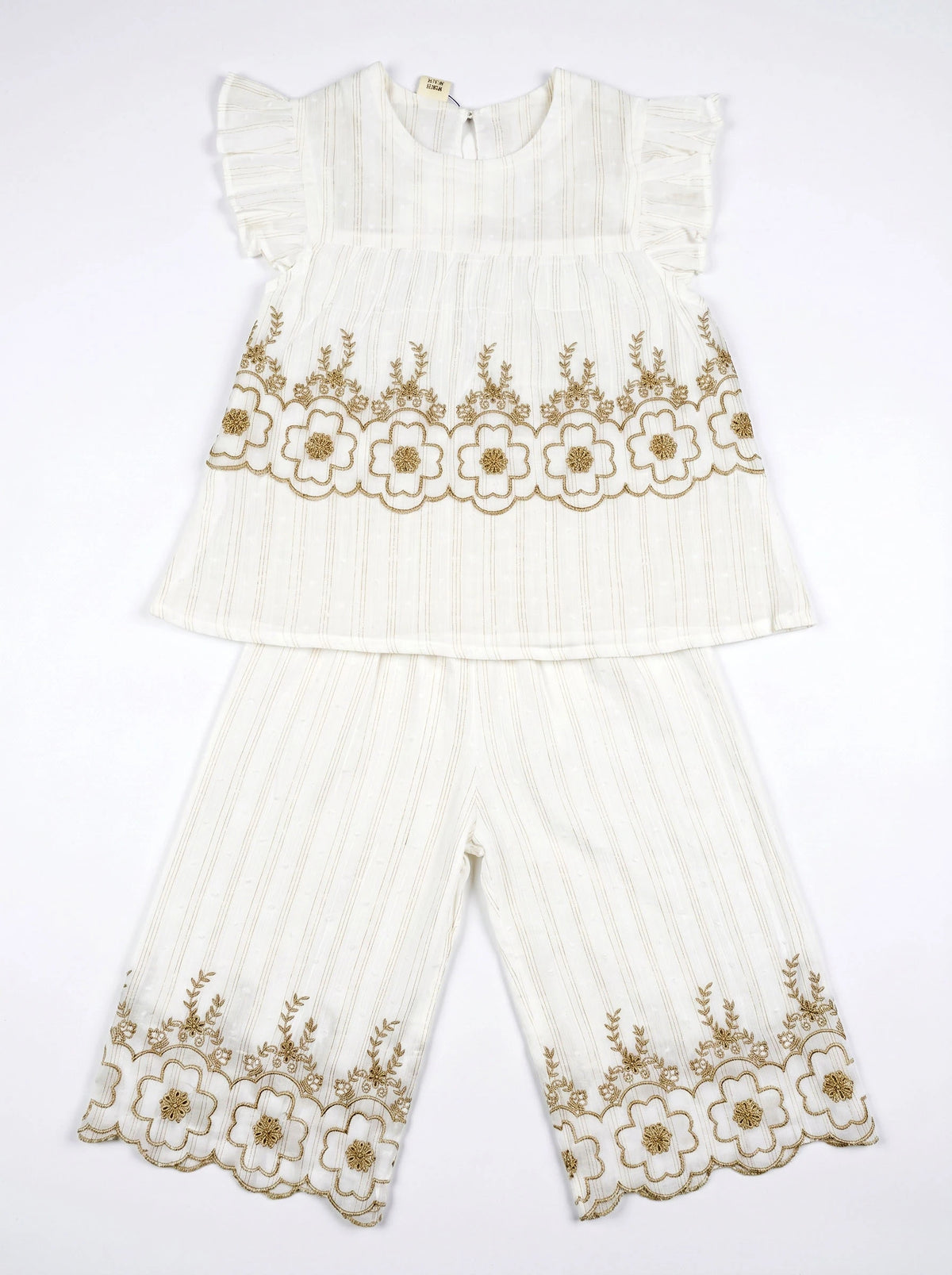Elegant White Cotton 2-Piece Suit with Floral Embroidery for Girls