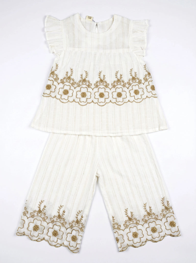 Elegant White Cotton 2-Piece Suit with Floral Embroidery for Girls