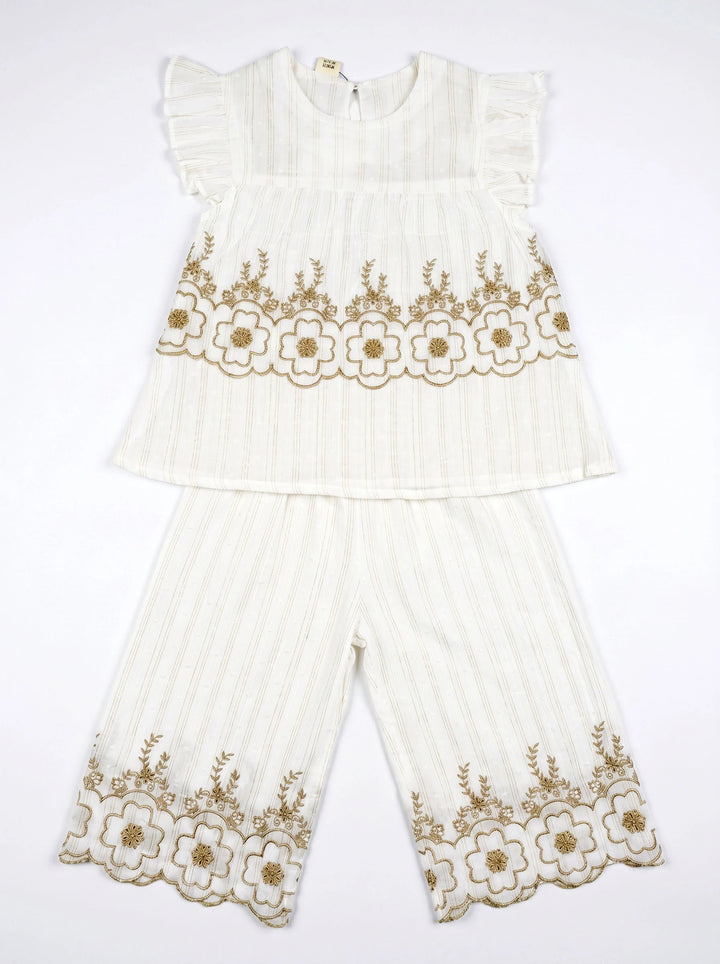 Elegant White Cotton 2-Piece Suit with Floral Embroidery for Girls