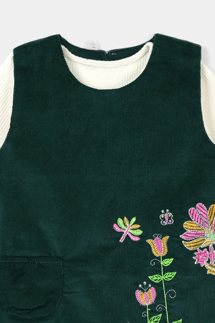 Enchanting Floral Forest Green Corduroy 3-Piece Set for Girls