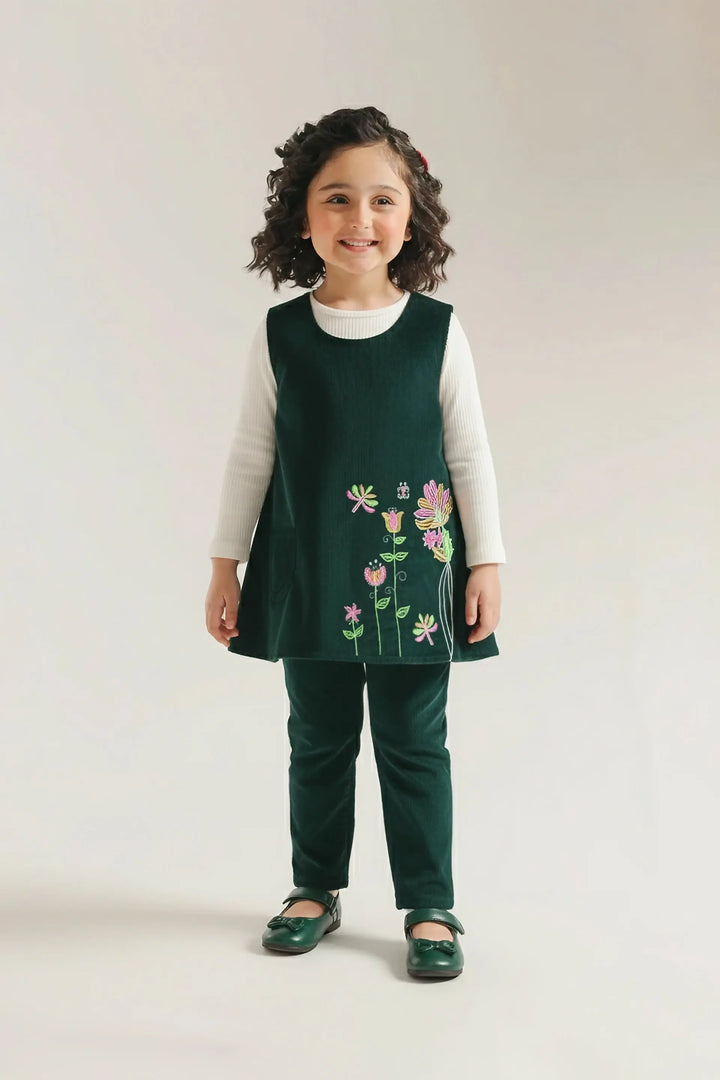 Enchanting Floral Forest Green Corduroy 3-Piece Set for Girls