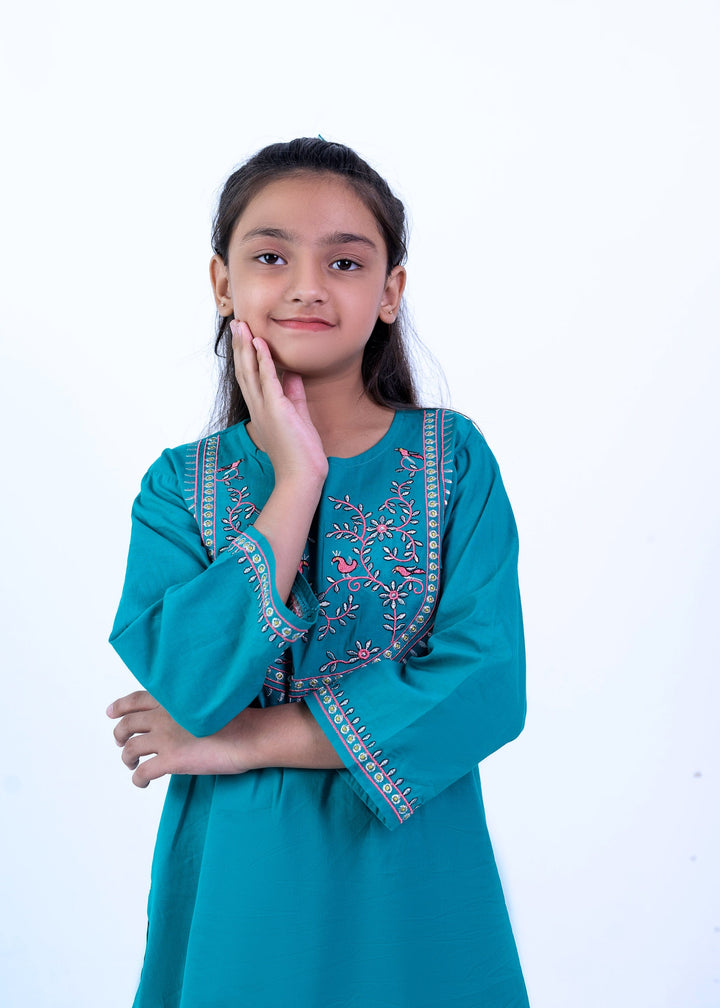 Girls Elegant Teal Embroidered Kurta & Trouser Set