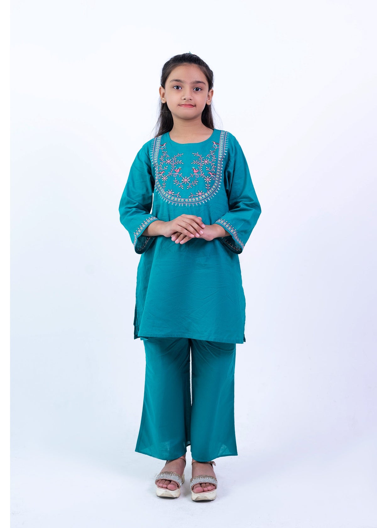 Girls Elegant Teal Embroidered Kurta & Trouser Set Vesto.Pk