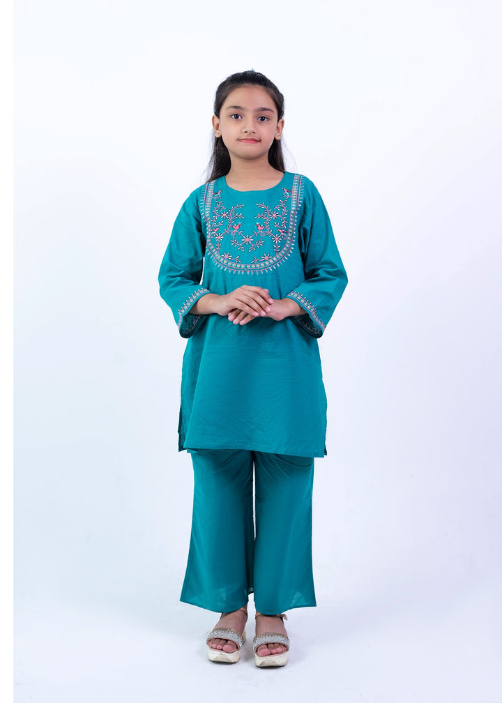 Girls Elegant Teal Embroidered Kurta & Trouser Set