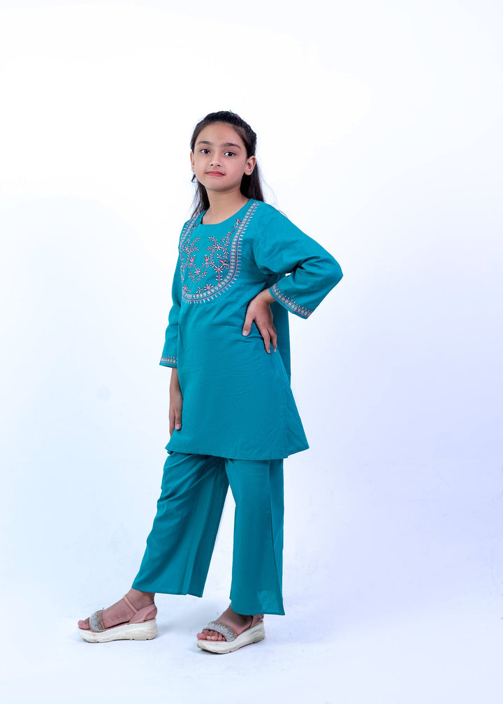 Girls Elegant Teal Embroidered Kurta & Trouser Set
