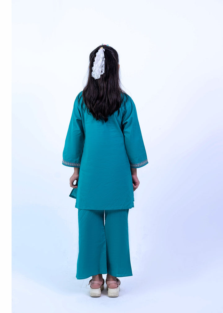 Girls Elegant Teal Embroidered Kurta & Trouser Set