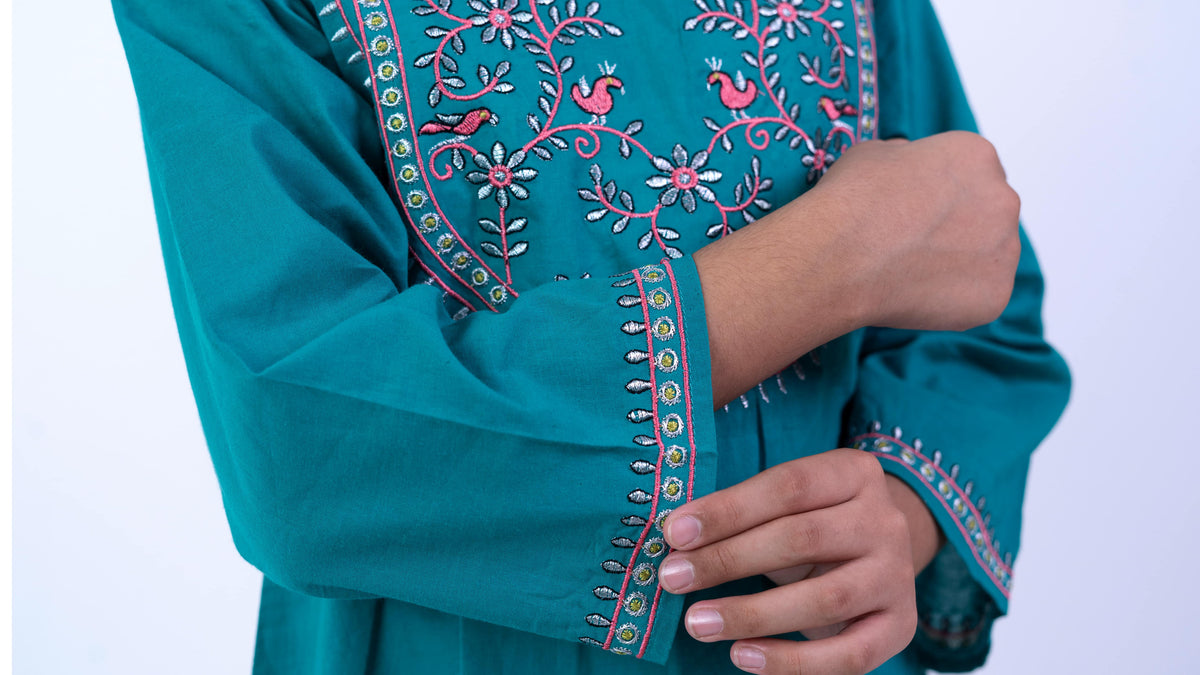 Girls Elegant Teal Embroidered Kurta & Trouser Set Vesto.Pk