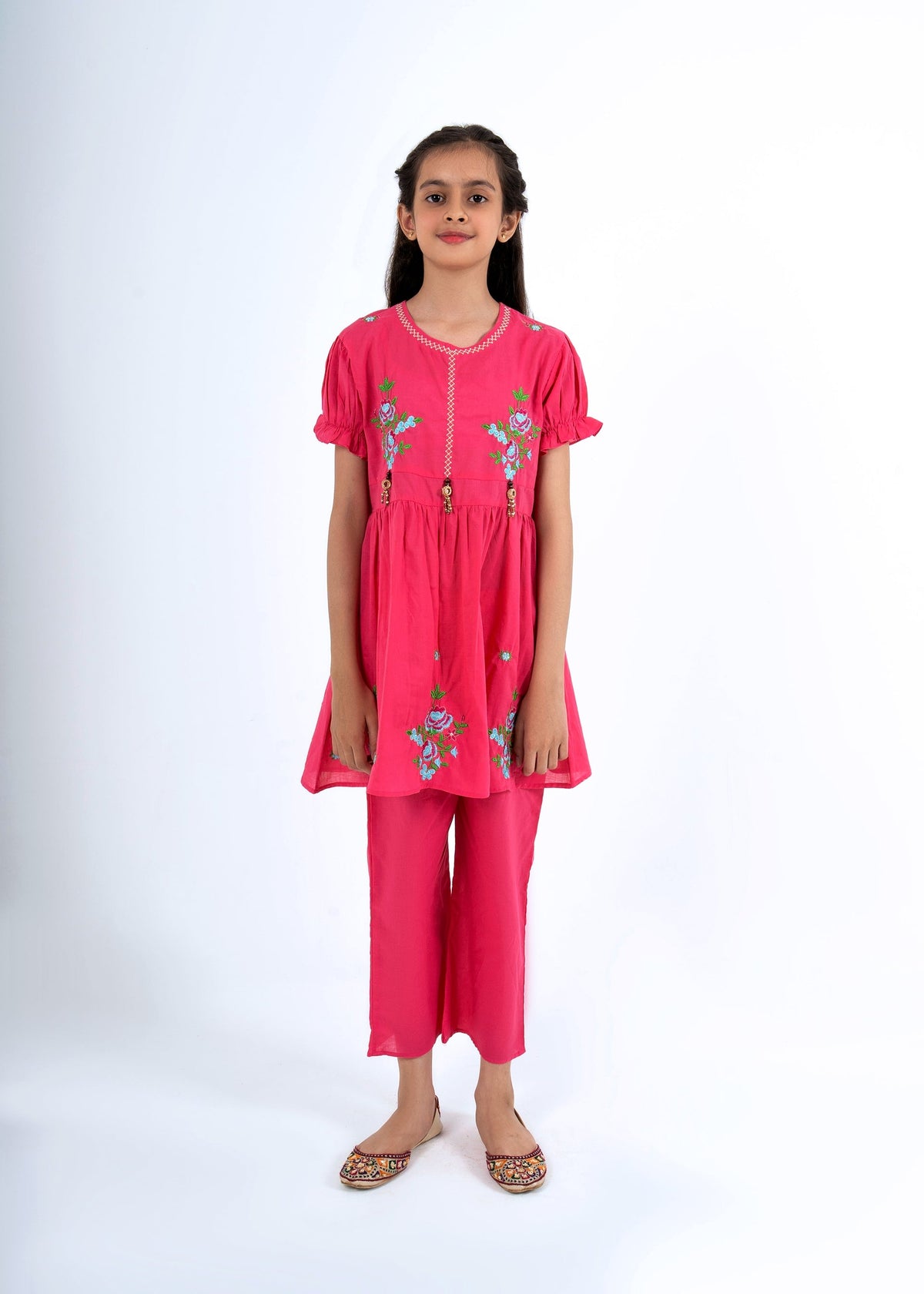 Girls Vibrant Pink Floral Embroidered Frock & Trouser 2-Piece Set Vesto.Pk