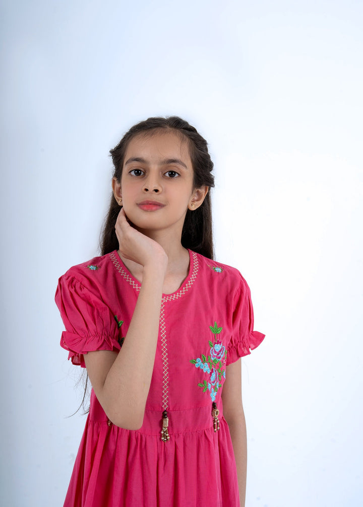 Girls Vibrant Pink Floral Embroidered Frock & Trouser 2-Piece Set