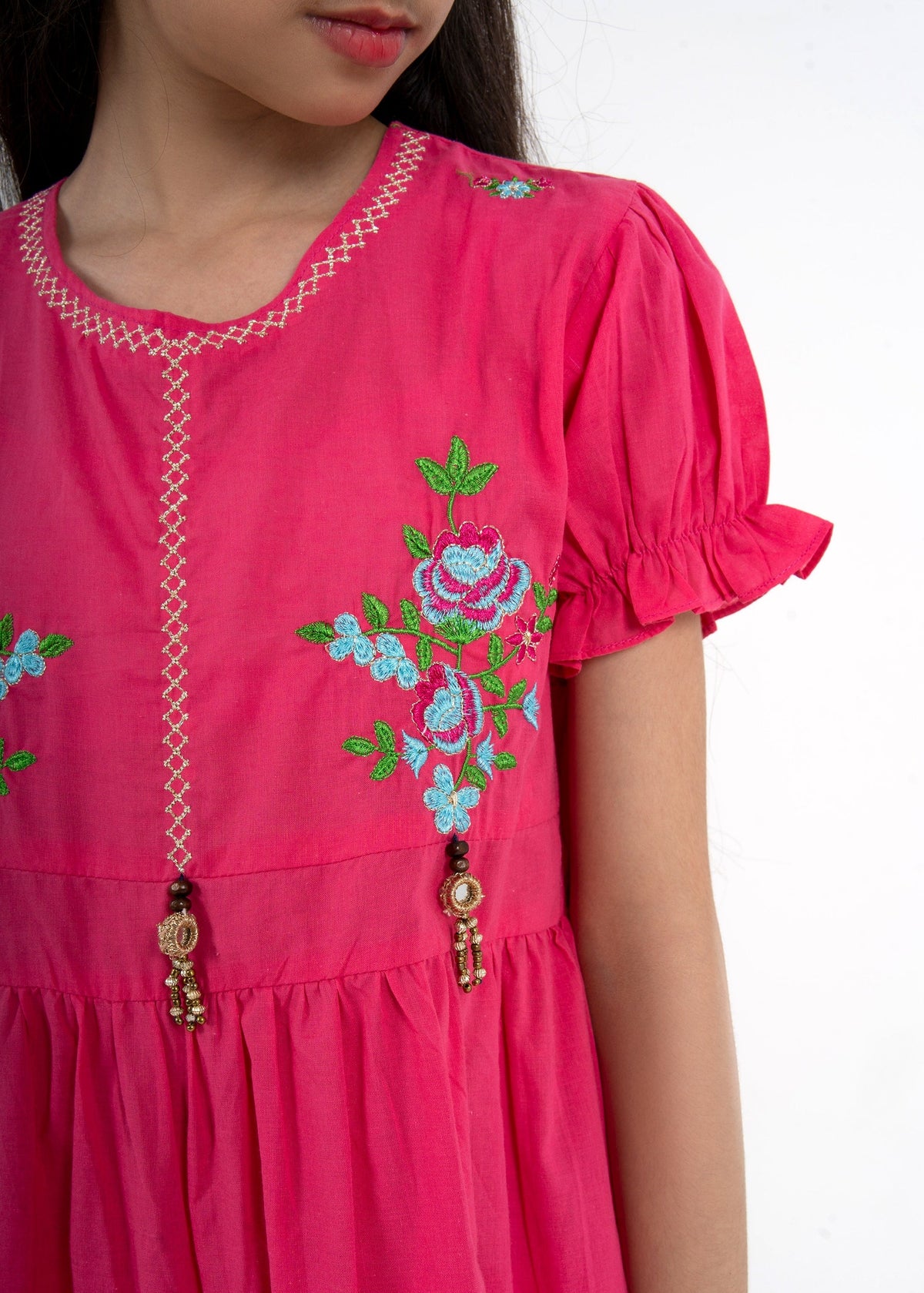 Girls Vibrant Pink Floral Embroidered Frock & Trouser 2-Piece Set Vesto.Pk