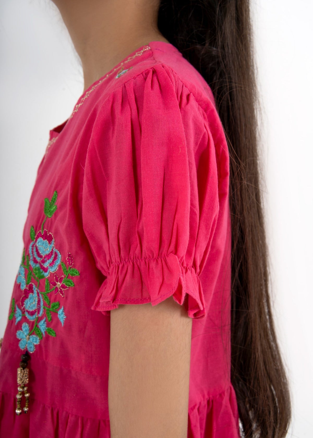 Girls Vibrant Pink Floral Embroidered Frock & Trouser 2-Piece Set Vesto.Pk