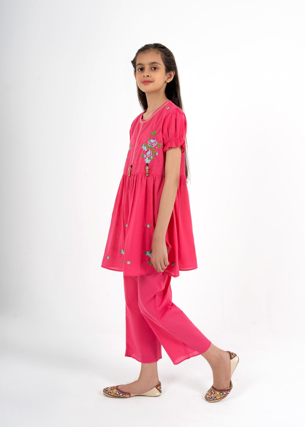 Girls Vibrant Pink Floral Embroidered Frock & Trouser 2-Piece Set Vesto.Pk