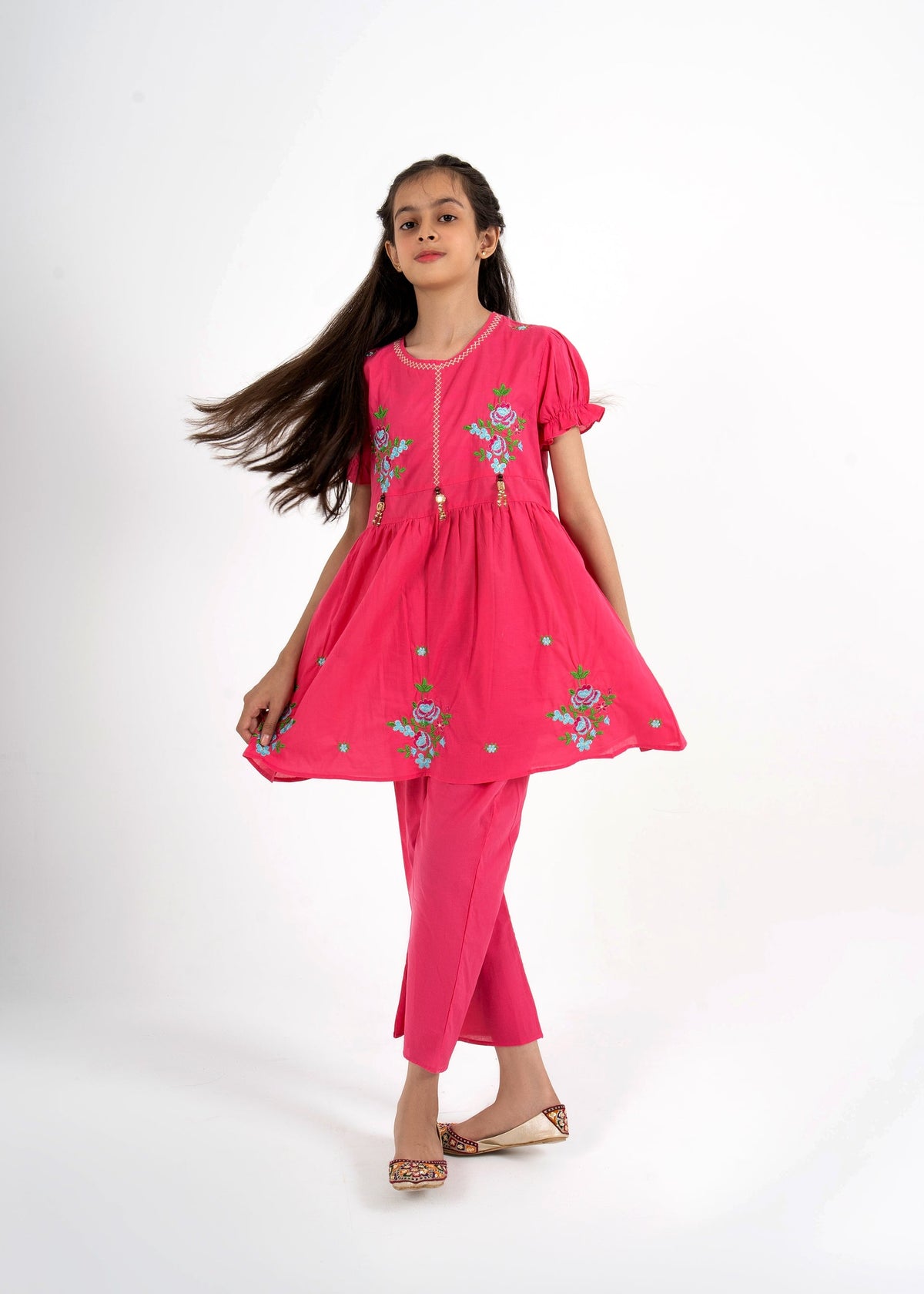 Girls Vibrant Pink Floral Embroidered Frock & Trouser 2-Piece Set Vesto.Pk