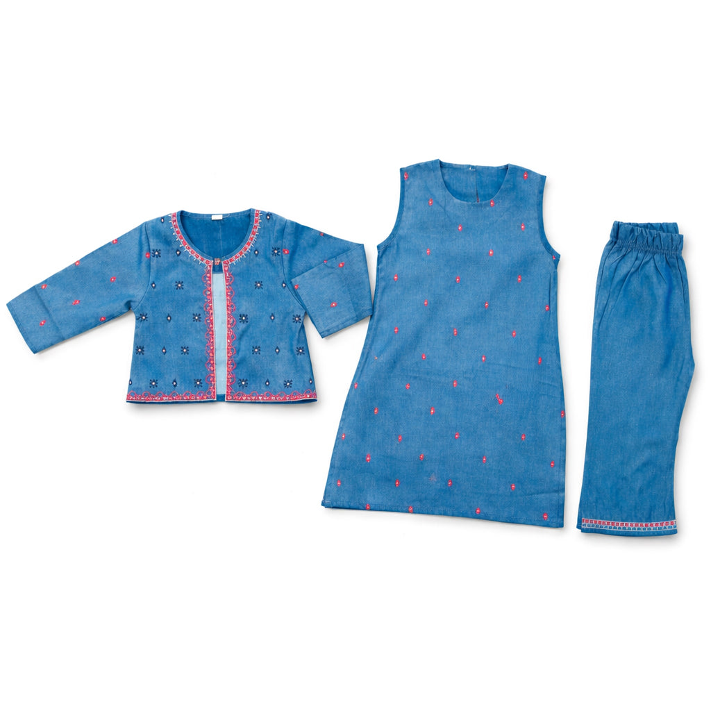 Girls' 3-Piece Embroidered Blue Denim Ethnic Set Vesto.Pk