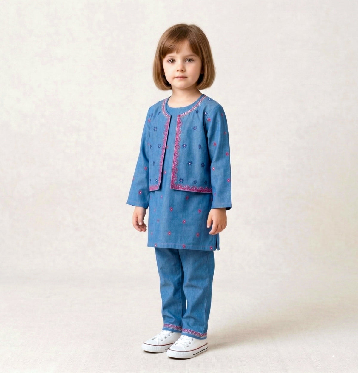 Girls' 3-Piece Embroidered Blue Denim Ethnic Set Vesto.Pk