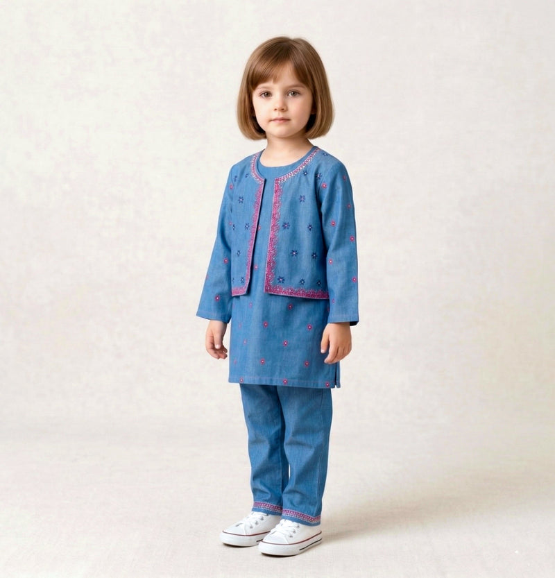 Girls' 3-Piece Embroidered Blue Denim Ethnic Set Vesto.Pk