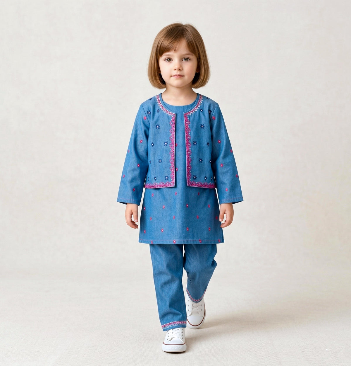 Girls' 3-Piece Embroidered Blue Denim Ethnic Set Vesto.Pk
