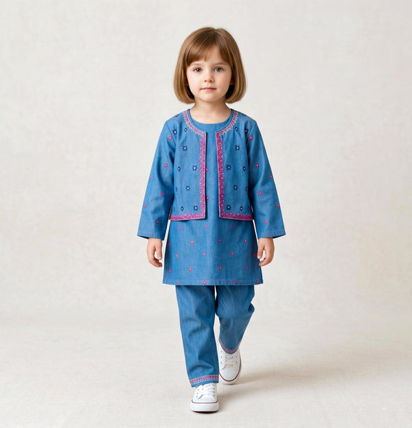 Girls' 3-Piece Embroidered Blue Denim Ethnic Set