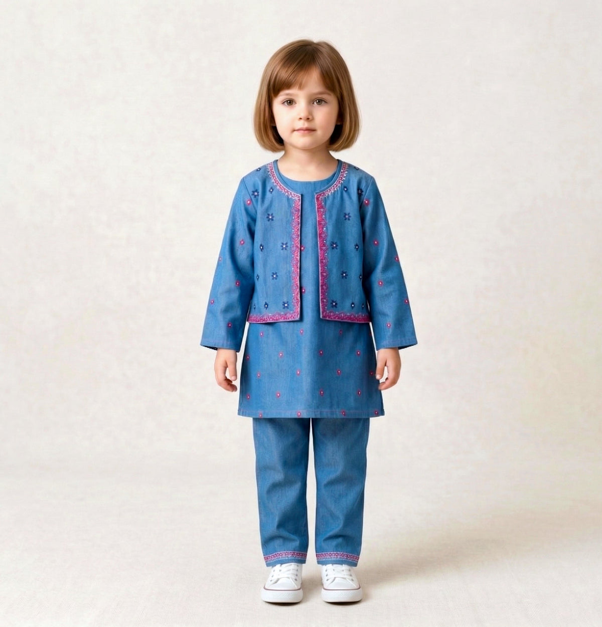 Girls' 3-Piece Embroidered Blue Denim Ethnic Set Vesto.Pk