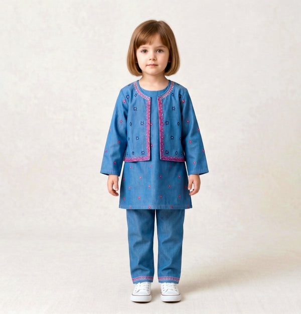 Girls' 3-Piece Embroidered Blue Denim Ethnic Set