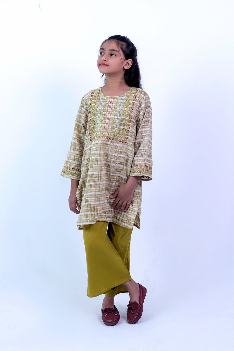 Girls' Elegant Olive Embroidered Tunic & Palazzo 2-Piece Set