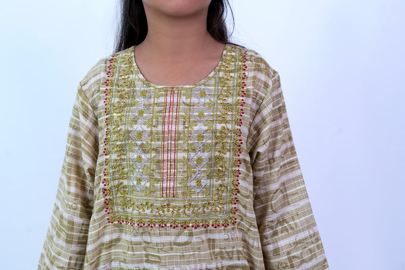 Girls' Elegant Olive Embroidered Tunic & Palazzo 2-Piece Set