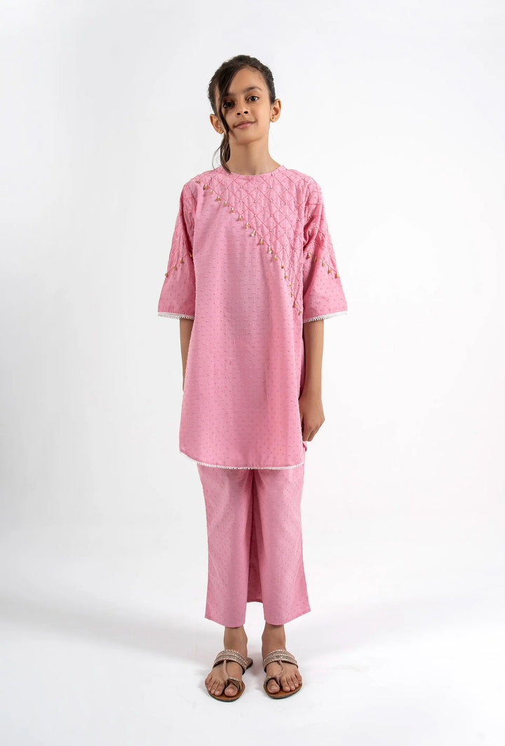 Girls' Blush Pink Quilted Kurta & Trousers Set - Elegant Festive Wear
