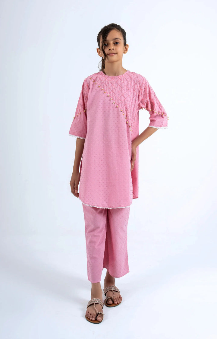Girls' Blush Pink Quilted Kurta & Trousers Set - Elegant Festive Wear