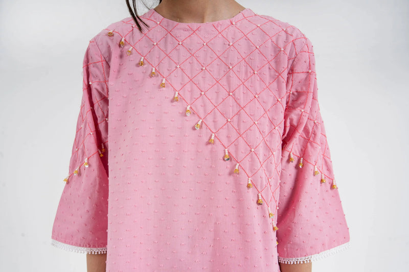 Girls' Blush Pink Quilted Kurta & Trousers Set - Elegant Festive Wear