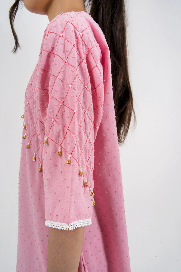 Girls' Blush Pink Quilted Kurta & Trousers Set - Elegant Festive Wear