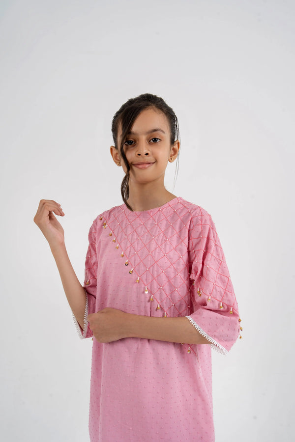 Girls' Blush Pink Quilted Kurta & Trousers Set - Elegant Festive Wear