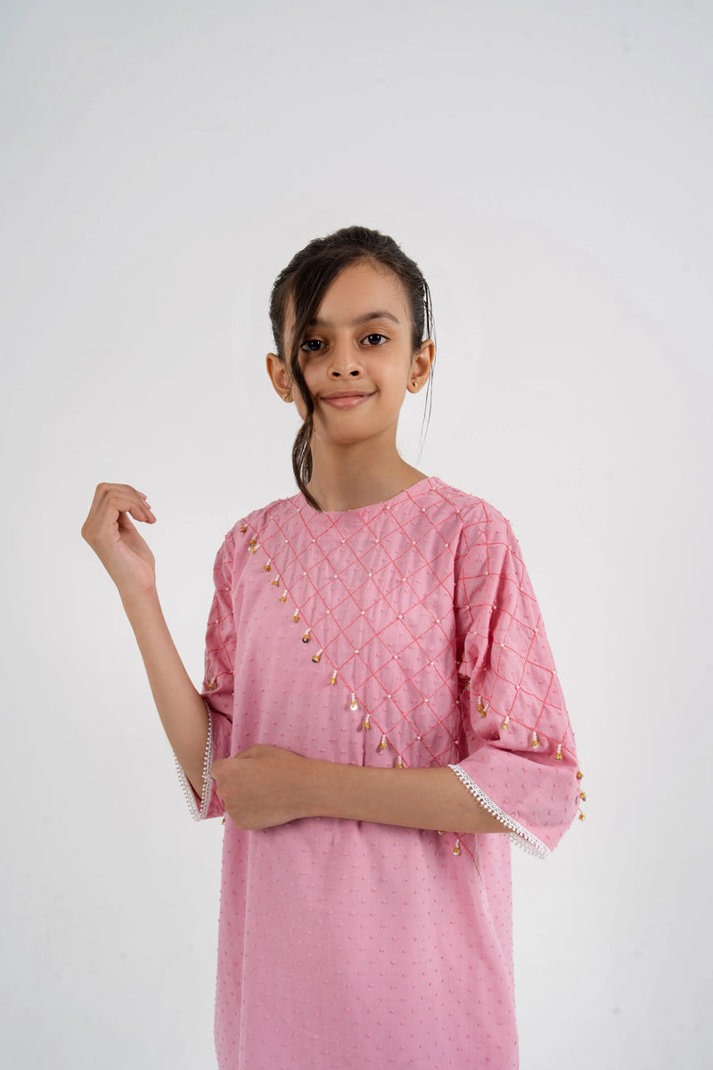 Girls' Blush Pink Quilted Kurta & Trousers Set - Elegant Festive Wear